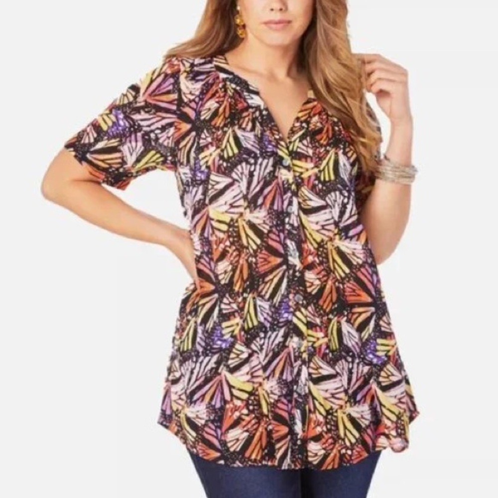 Roaman’s Women 24W Butterfly Print Flowy Short Sleeve Angelina Tunic Blouse